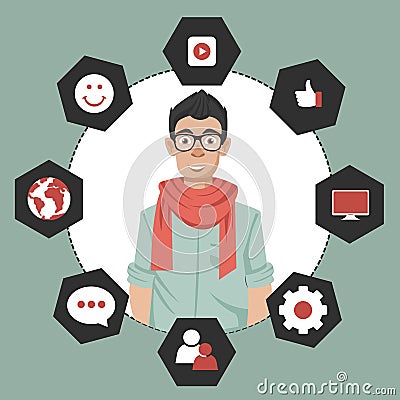 Man presenting customer relationship management. System for managing interactions with current and future customers. Flat vector Cartoon Illustration