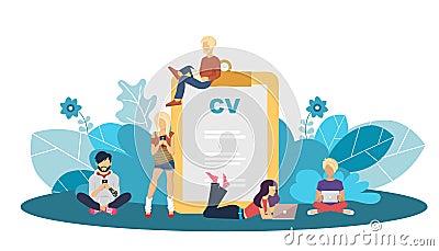 Human resources management concept, searching professional staff, analyzing resume papers, work. Flat vector Cartoon Illustration