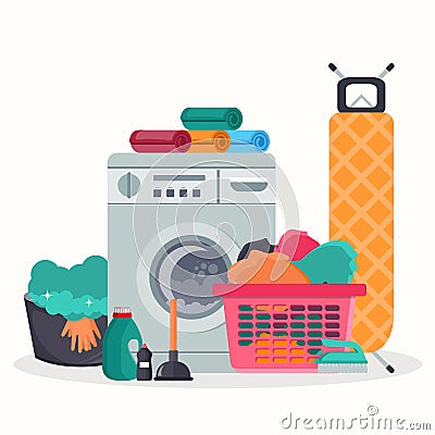 Laundry room service concept. Working washing machine with linen baskets, detergent, ironing board and towels Vector Illustration