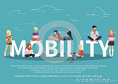 Mobility concept vector illustration of young people using mobile smartphones Cartoon Illustration