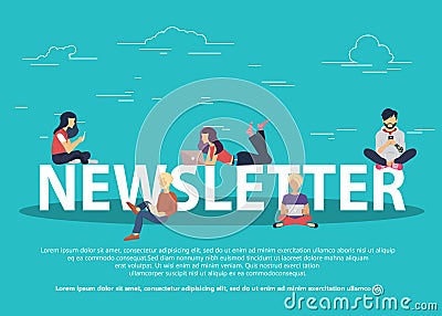 Newsletter subscribers concept illustration of young man and woman receiving commercial letters and promotion offers Vector Illustration