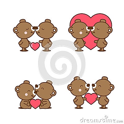 Set of cute couple bear in love with heart. Vector Illustration