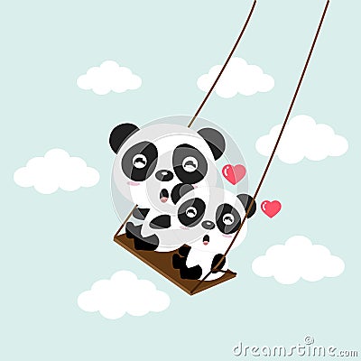 Happy panda bears riding on a swing. Vector Illustration