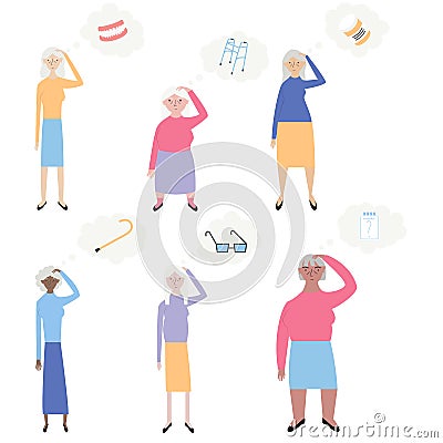 Old people with memory loss vector illustration. Set of old women trying to remember different things. Flat minimal design style Vector Illustration