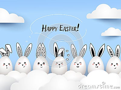 Happy Easter funny cute rabbits with calligraphic text and easter eggs on light blue background Vector Illustration