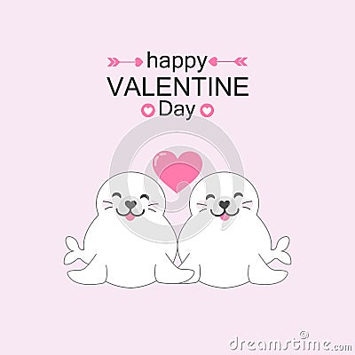 Cute seals couple with heart. Valentine`s day card vector illustration. Vector Illustration