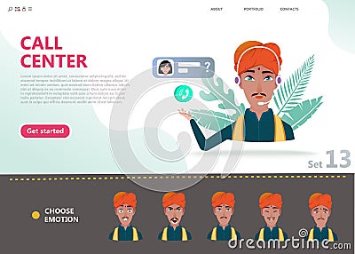 Call center concept. Cartoon character indian man Vector Illustration