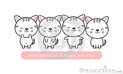 Merry Christmas and happy New Year greeting card. Cute cat family. Vector Illustration