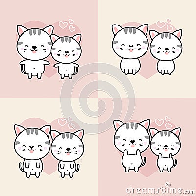 Collection of cute couple cartoon cats fall in love.Vector illustration. Vector Illustration