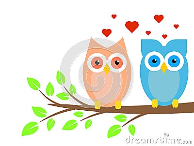 Two Cute Owls Boy and Girl in Love on Tree Vector Illustration