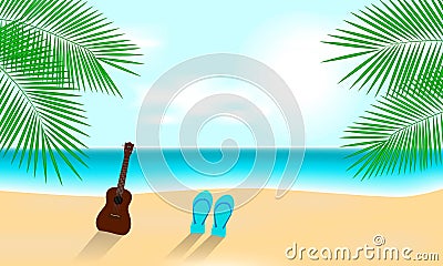 Sunny Summer Vacation Beach with Ukulele Vector Illustration