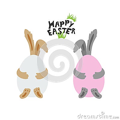 Two Easter rabbits are hiding behind colorful eggs. Vector Illustration