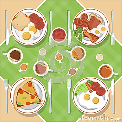 Vector breakfast concept set with food and drinks with flat icons in composition. Breakfast composition sandwich and omelette, juc Vector Illustration