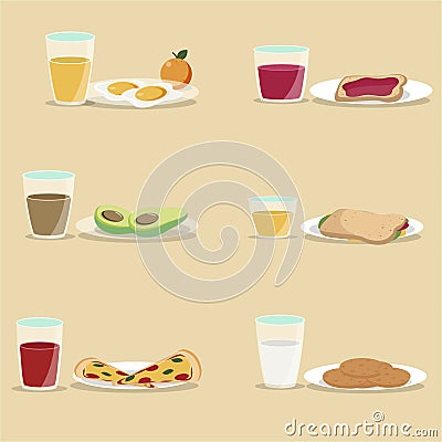 Vector breakfast concept set with food and drinks with flat icons in composition. Breakfast composition sandwich and omelette, juc Vector Illustration