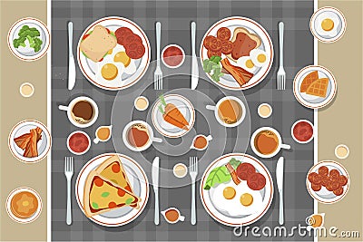 Vector breakfast concept set with food and drinks with flat icons in composition. Breakfast composition sandwich and omelette, juc Vector Illustration