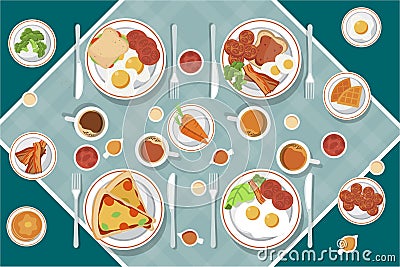 Vector breakfast concept set with food and drinks with flat icons in composition. Breakfast composition sandwich and omelette, juc Vector Illustration