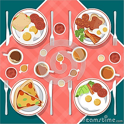 Vector breakfast concept set with food and drinks with flat icons in composition. Breakfast composition sandwich and omelette, juc Cartoon Illustration