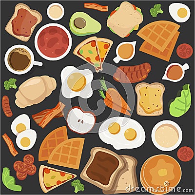 Vector breakfast concept set with food and drinks with flat icons in composition. Breakfast composition sandwich and omelette, juc Cartoon Illustration