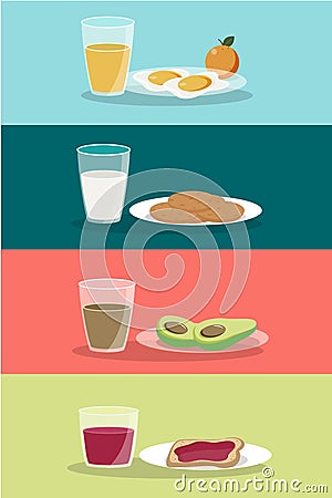 Vector breakfast concept set with food and drinks with flat icons in composition. Breakfast composition sandwich and omelette, juc Cartoon Illustration