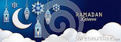 Ramadan Kareem horizontal banner with traditional lanterns, crescent, stars and clouds on dark blue night sky background Vector Illustration