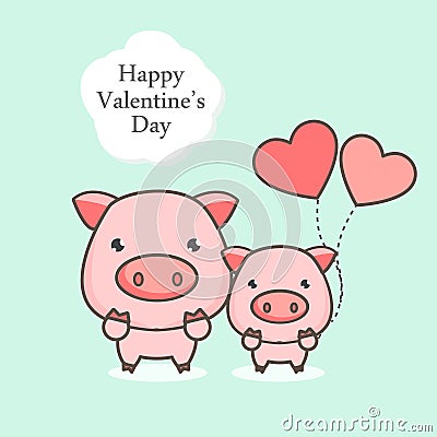 Happy Valentines day greeting card. Cute pig cartoon with heart balloon. Vector Illustration