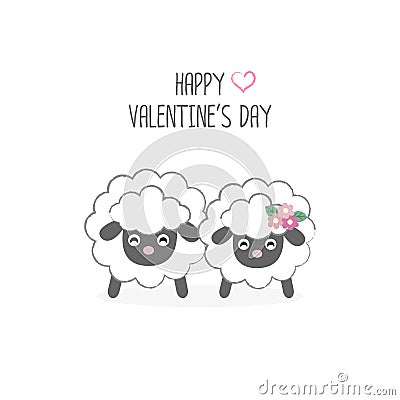 Happy Valentine`s day postcard. Sweet couple sheep cartoon . Vector Illustration