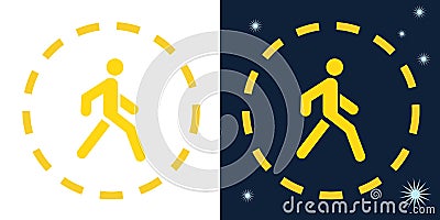 Vector road yellow sign of a pedestrian walking person in a circle on a dark and white background. Vector Illustration