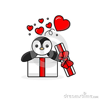 Happy penguin inside the open gift box with fly hearts. Vector Illustration