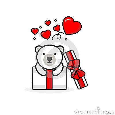 Happy polar bear inside the open gift box with fly hearts. Vector illustration Vector Illustration