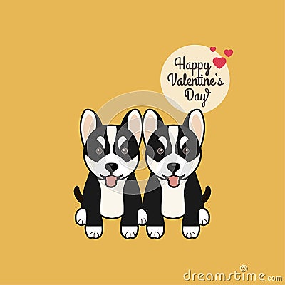 Valentines day greeting card. Cute sitting Siberian Husky dogs with tongue outside. Vector Illustration