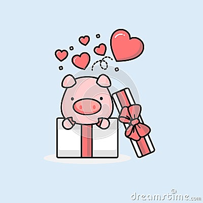 Happy pig inside the open gift box with fly hearts. Vector illustration Vector Illustration