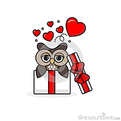 Happy owl inside the open gift box with fly hearts. Vector illustration Vector Illustration