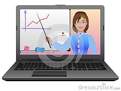 E-learning. Remote or distance learning with the help of the Internet and a laptop. The teacher conducts a lesson online. Vector Illustration