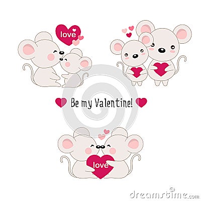 Set of couple mouse fall in love with heart.Cartoon style for Valentine`s day. Vector Illustration