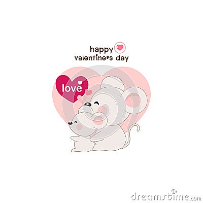 Cute mouse couple fall in love. Valentine`s day card. Vector Illustration