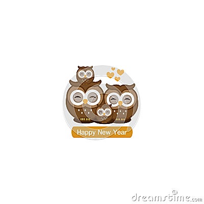 Happy new year greeting card. Cute owl family cartoon. Vector Illustration