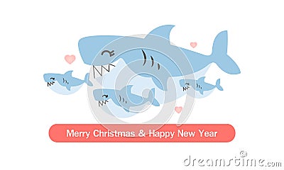 Merry Christmas and happy New Year greeting card. Cute shark family cartoon. Vector Illustration