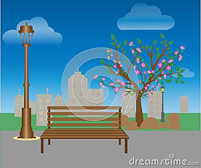 Benches and lanterns in the city park. Landscape: park path, green lawn, trees, bushes, city on the horizon. Stock Photo