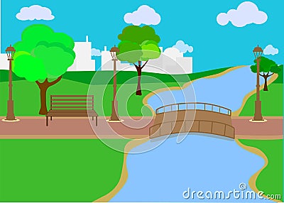 Summer, spring day vector illustration. Lake or river with lush green trees and bushes. Green hills, meadows, cityscape with skysc Stock Photo