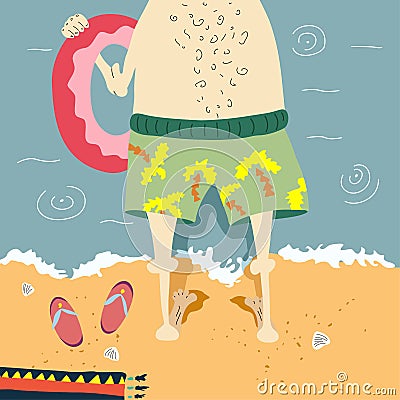 Cute funny summer illustration. A man on vacation. Vector Illustration