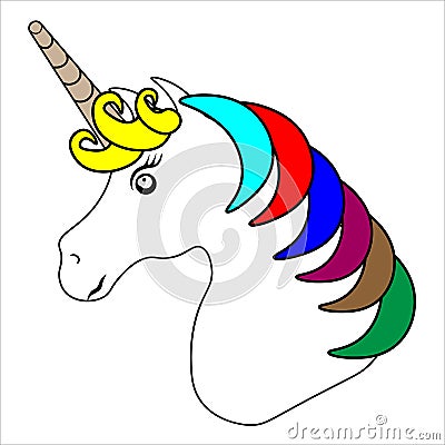 Web. Vector hand drawn illustration of unicorn head with star necklace and rainbow hair isolated on white background Cartoon Illustration