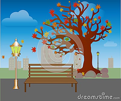 Leaf fall in autumn park. Bench under trees with yellow leaves Vector Cartoon Illustration