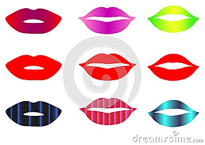Web Red lips collection. Vector illustration of sexy woman`s flat lips expressing different emotions, such as smile Cartoon Illustration