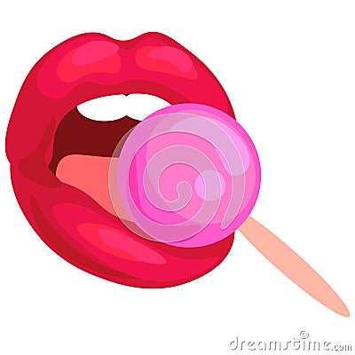 Web Female shiny lips with crystal round red lollipop realistic composition on white background vector illustration Cartoon Illustration