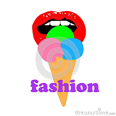 Web Girl open mouth and eats popsicle ice cream. Woman licks a ice cream on stick. Sensual Cartoon Illustration