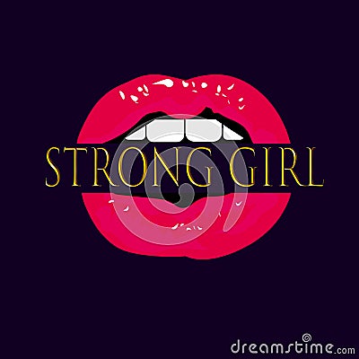 Web Vector lips with Strong woman sign. Cool modern illustration in pop art style. Feminist glamour mouth. Cartoon Illustration