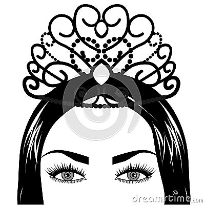 Web Tribal Fusion Boho Diva. Beautiful Asian divine girl with ornate crown, kokoshnik inspired. Bohemian goddess. Cartoon Illustration