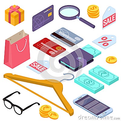 Online shopping isometric design elements Vector Illustration