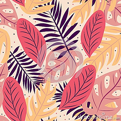 Seamless pattern of bright red flowers and tropical leaves. Vector design. Vector Illustration