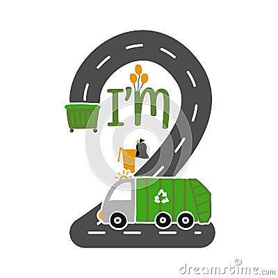 I`m 2 Years Old Birthday Boy Garbage Truck T-shirt. Vector Illustration